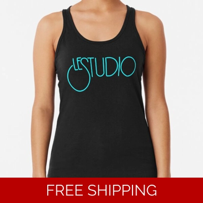 Woman A Black Racerback Le Studio Tank Top Aqua Blue Logo